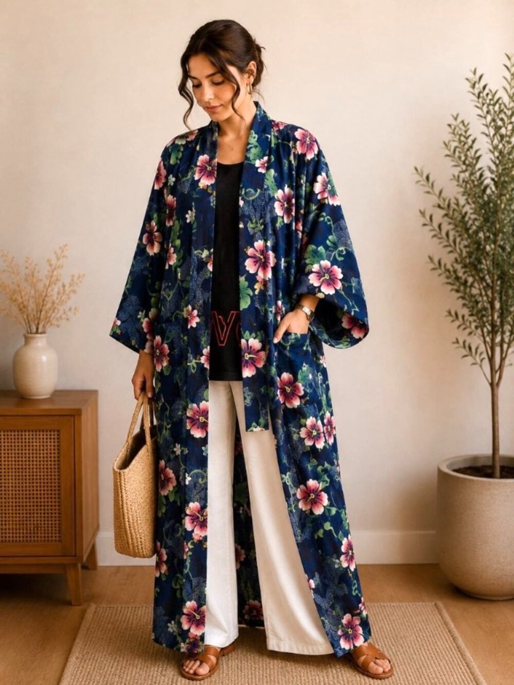 Women’s Blue Floral Kimono Robe 100% Cotton Long Yukata Style Duster Cover Up